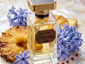100ml elegant glass bottle of Dorado fruity floral luxury perfume by MI MUNDO
