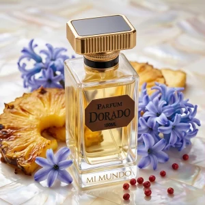 100ml elegant glass bottle of Dorado fruity floral luxury perfume by MI MUNDO