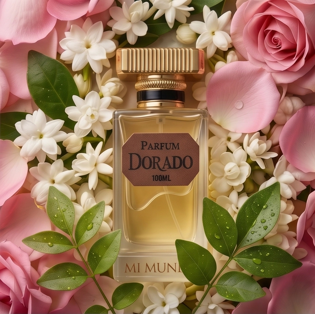 Dorado – A Symphony of Pure Perfume -UNISEX 3 100ml elegant glass bottle of Dorado fruity floral luxury perfume by MI MUNDO