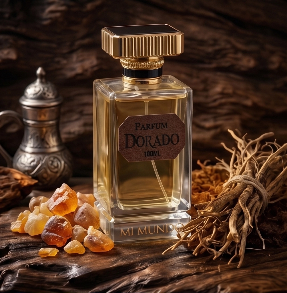 Dorado – A Symphony of Pure Perfume -UNISEX 4 100ml elegant glass bottle of Dorado fruity floral luxury perfume by MI MUNDO