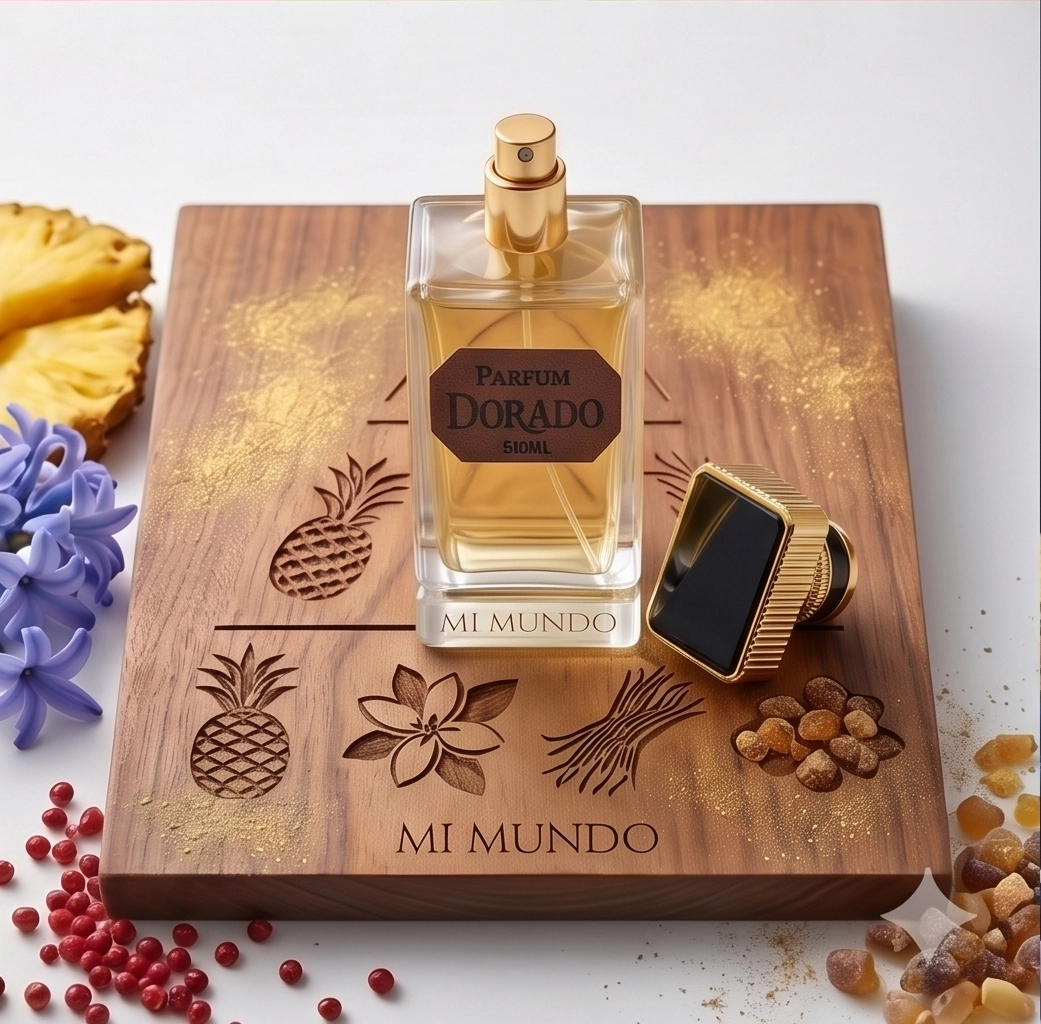 Dorado – A Symphony of Pure Perfume -UNISEX 5 Dorado fragrance ingredients featuring juicy pineapple, iris flower, and amber