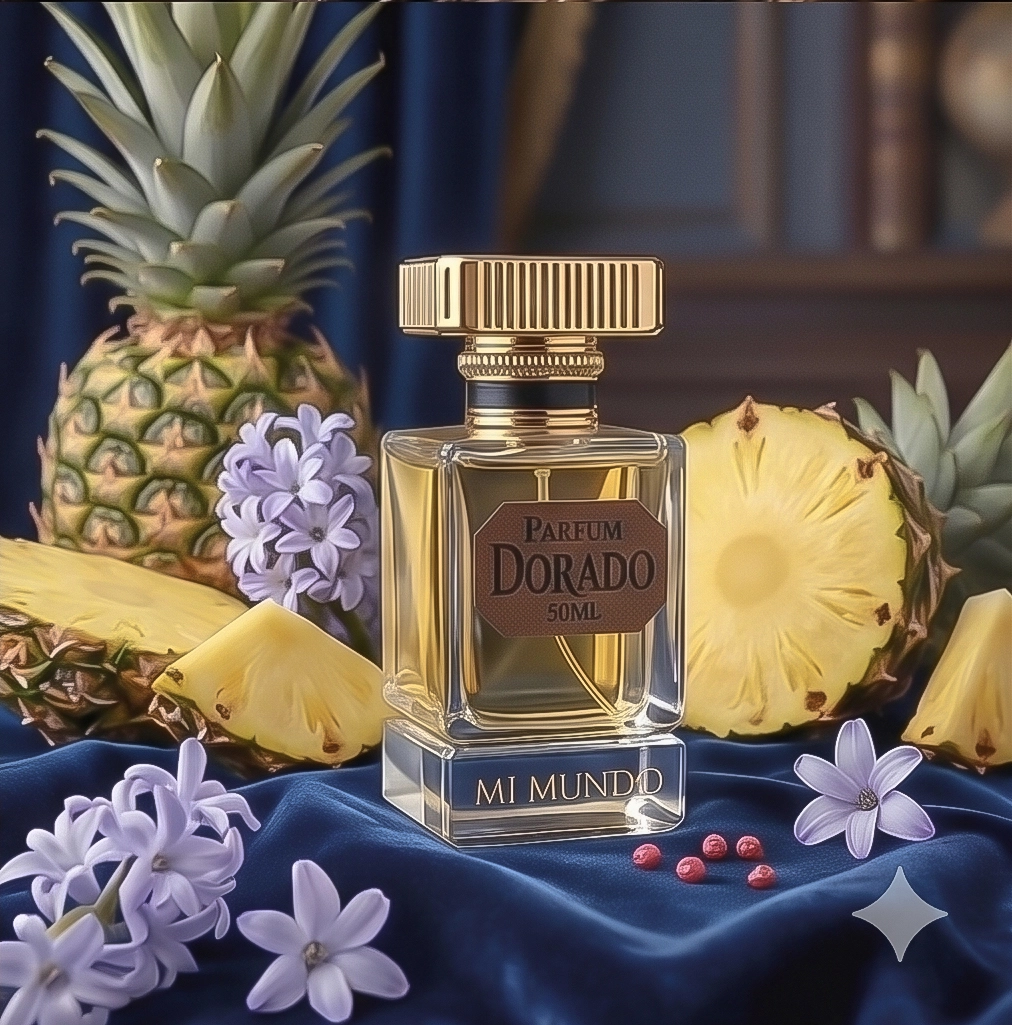 Dorado – A Symphony of Pure Perfume -UNISEX 6 Dorado fragrance ingredients featuring juicy pineapple, iris flower, and amber