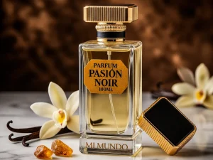 100ml elegant glass bottle of PASSION NOIR vanilla luxury perfume by MI MUNDO with gold octagonal label