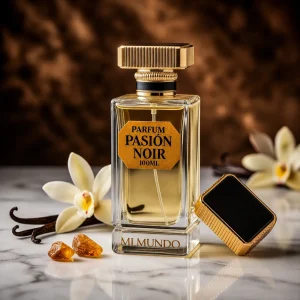 100ml elegant glass bottle of PASSION NOIR vanilla luxury perfume by MI MUNDO with gold octagonal label