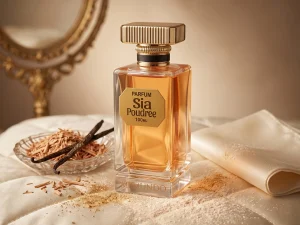 00ml elegant glass bottle of Sia Poudree powdery musk luxury perfume by MI MUNDO with gold cap