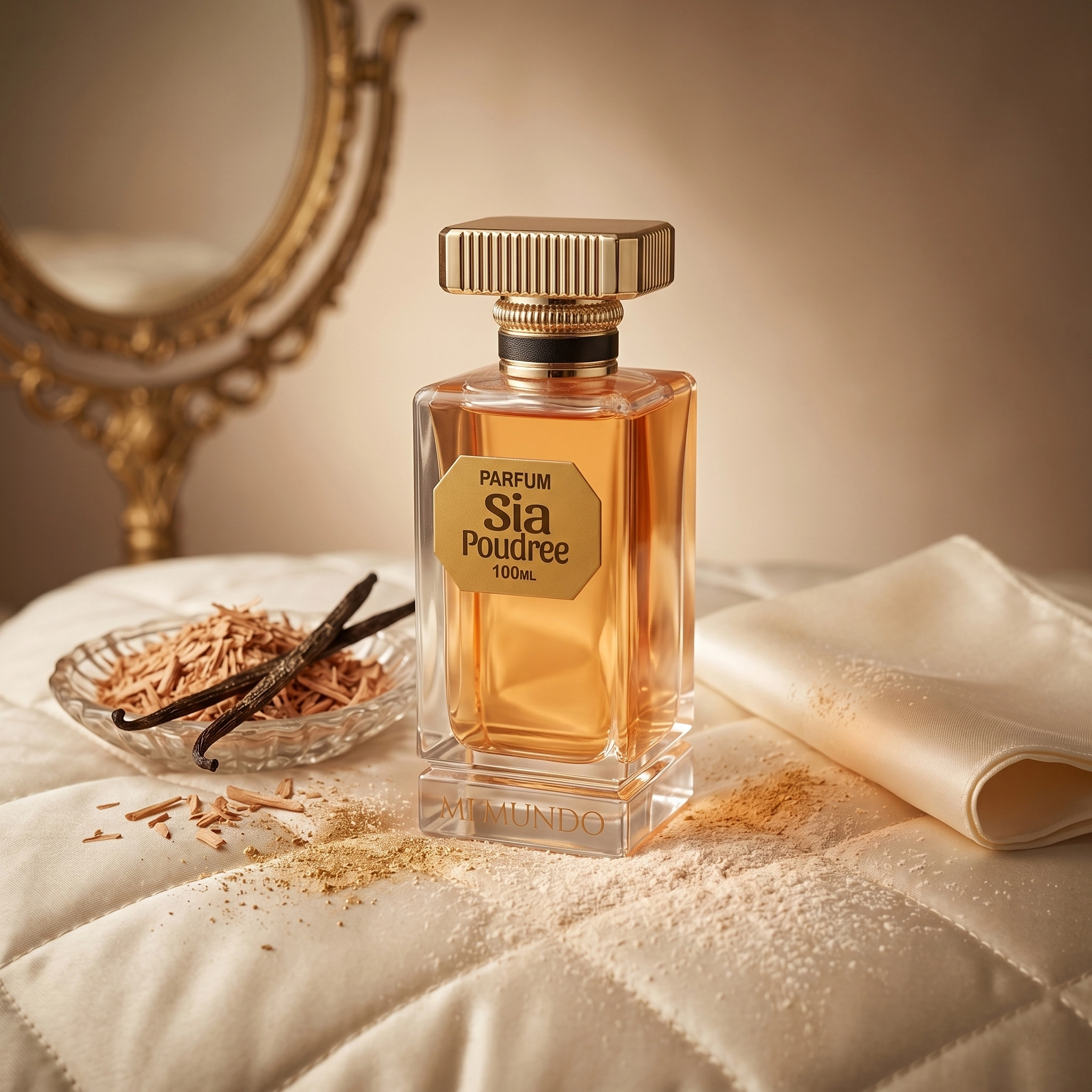 Sia Poudree perfume, for women powdery musk fragrance 1 00ml elegant glass bottle of Sia Poudree powdery musk luxury perfume by MI MUNDO with gold cap