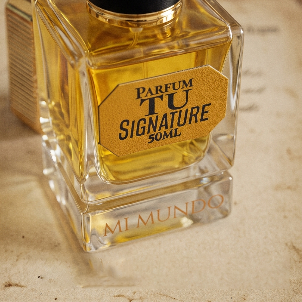 TU SIGNATURE perfume, citrus vanilla fragrance 50ml 4 100ml elegant glass bottle of TU SIGNATURE citrus vanilla luxury perfume by MI MUNDO with gold octagonal label