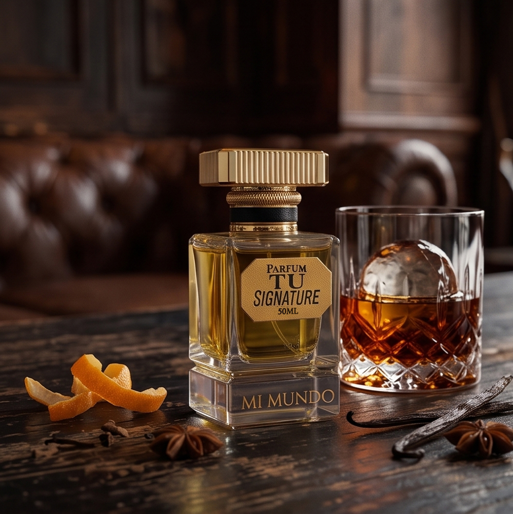 TU SIGNATURE perfume, citrus vanilla fragrance 50ml 2 100ml elegant glass bottle of TU SIGNATURE citrus vanilla luxury perfume by MI MUNDO with gold octagonal label