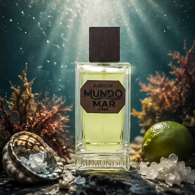 Mundomar Perfume: The Ultimate Intense Aquatic Luxury Fragrance 4 100ml elegant glass bottle of Mundomar intense aquatic luxury perfume by MI MUNDO