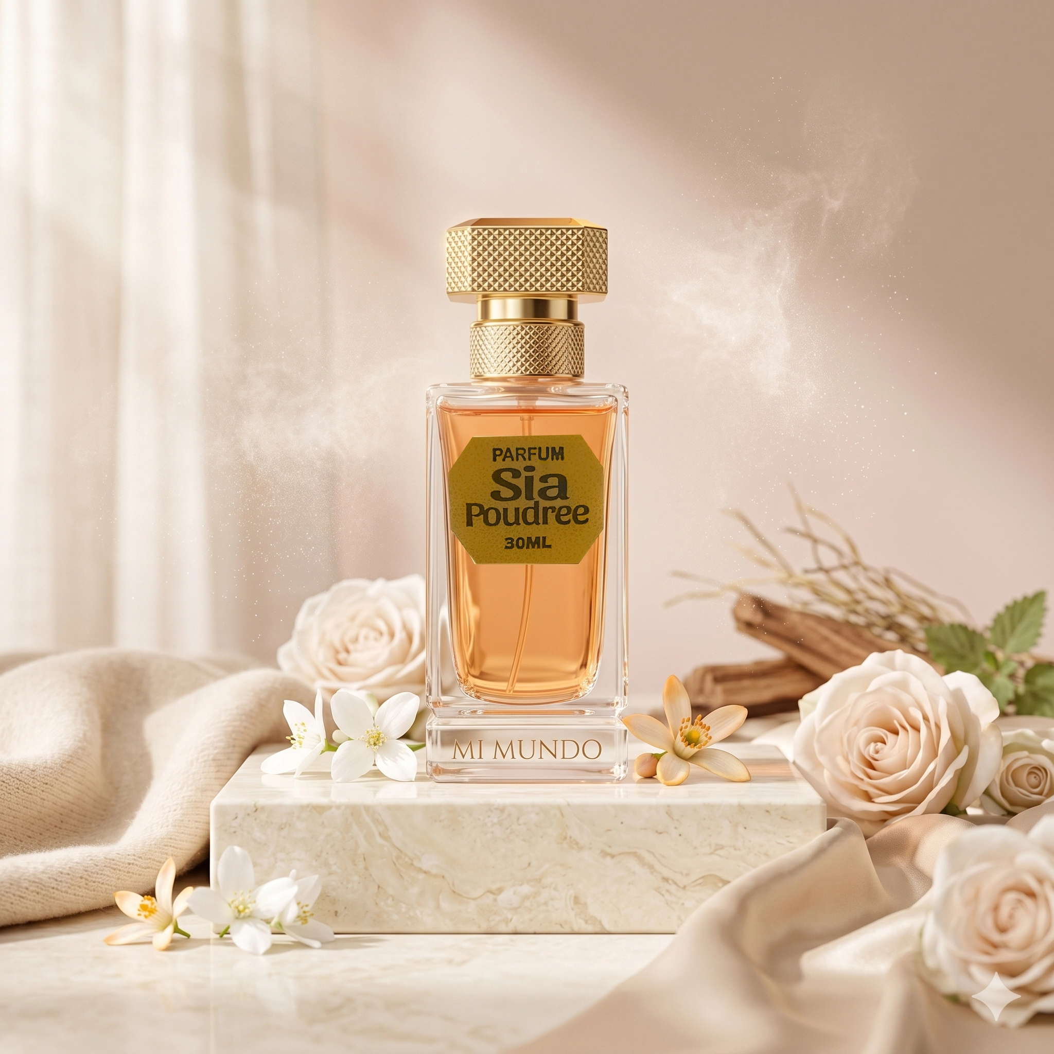 Sia Poudree perfume, for women powdery musk fragrance 5 00ml elegant glass bottle of Sia Poudree powdery musk luxury perfume by MI MUNDO with gold cap